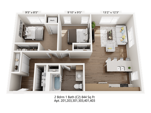 Floor plan for 2 beds, 1 bath, 844 sqft